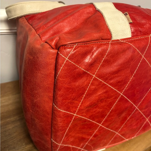 Vintage Large Red and Cream Men's‎ Leather Bag “Suncadia” Logo w/ Argile Detail - Picture 8 of 14